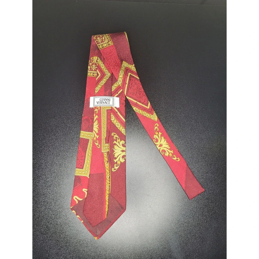 Vintage 1990s Gianni Versace Tie Red Gold Baroque Geometric Silk Italy